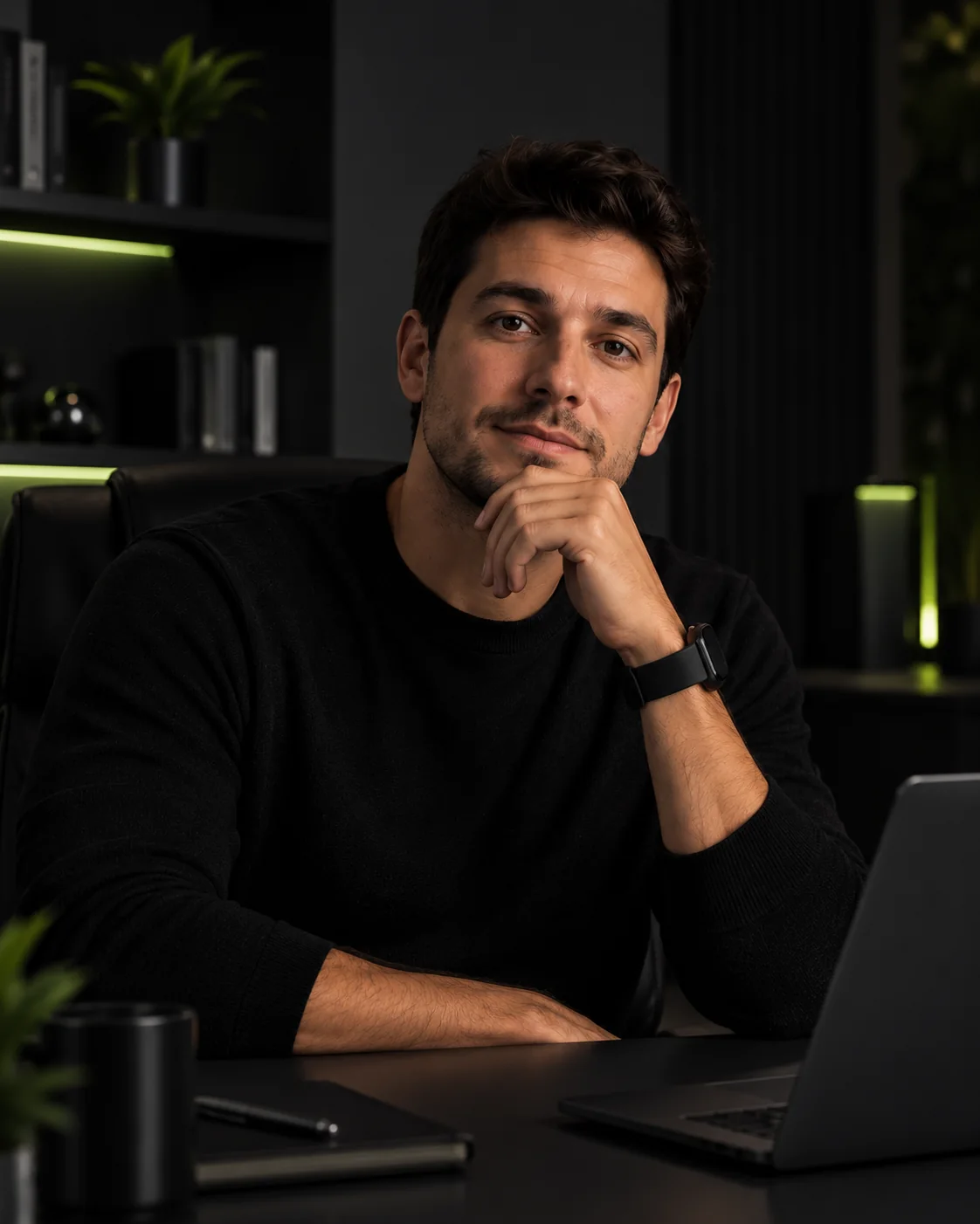 VEX, personagem virtual da Vezora, sentado em um escritório escuro com luzes verdes ao fundo